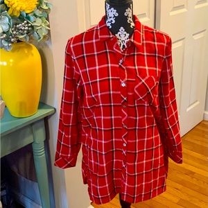 J. Jill Petite MP Red Plaid Tunic Button Down Shirt 100% Cotton 3FrontPockets